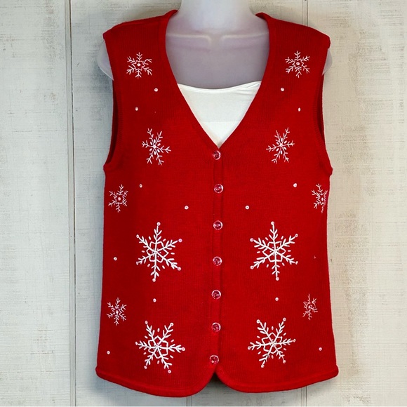 Womens Holiday Sweater Vest Size S Knit Snowflakes Sequins Beads Embroidered Red - Picture 1 of 11